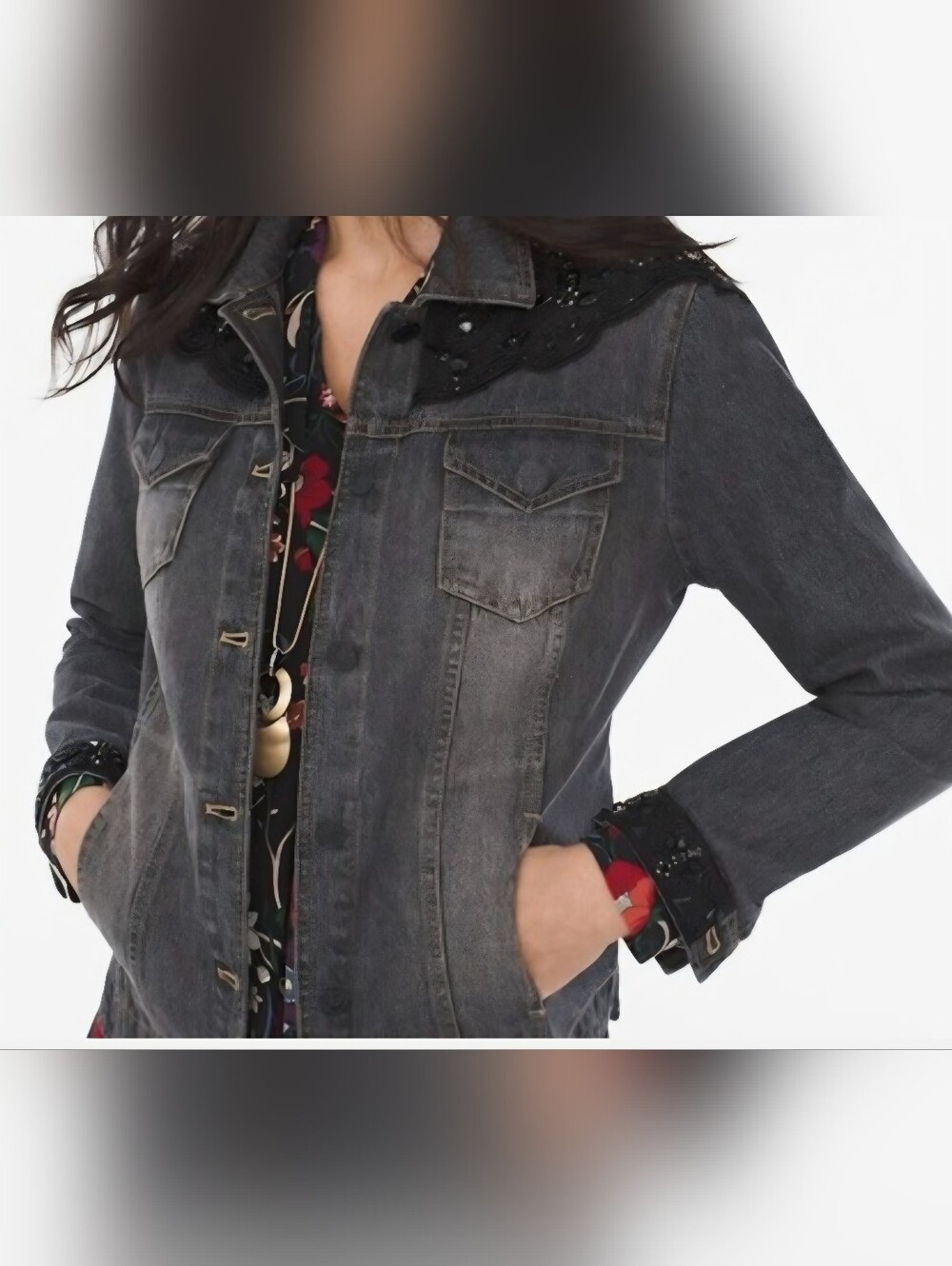 Chico's Dark Gray Embellished Denim Jacket